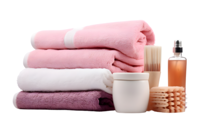 Stack of towels, cosmetics, loofah and brushes isolated on white background. Generative AI.
