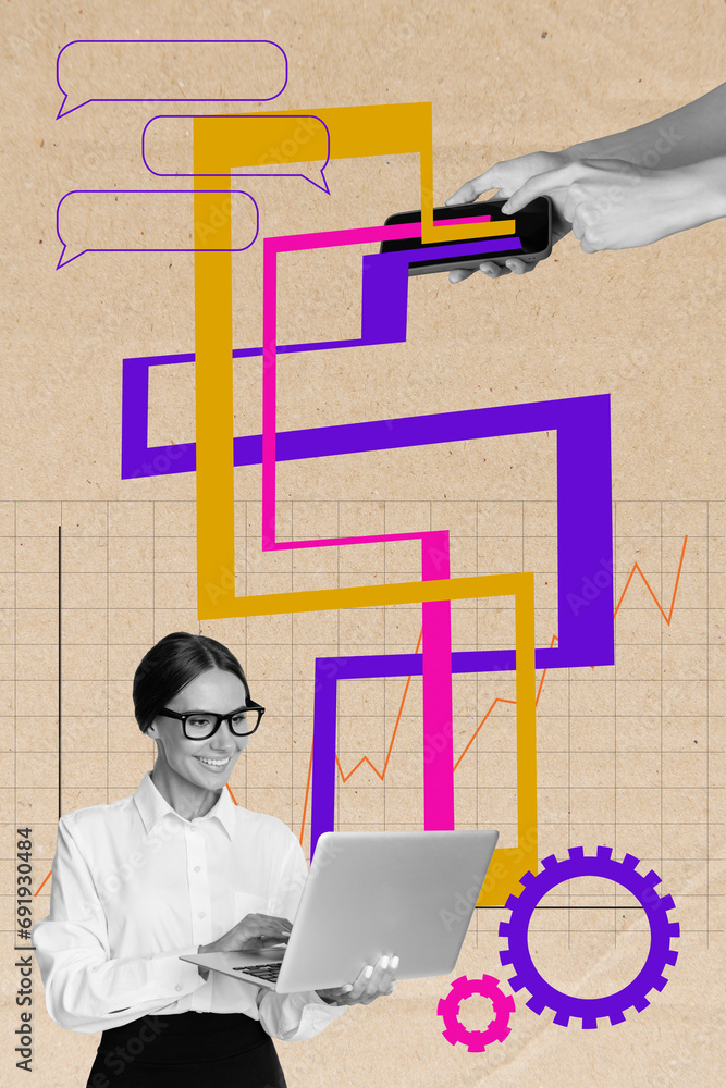 Poster creative poster collage banner of business lady using modern technology for discussing work project 