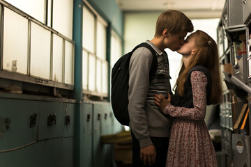 A boy and a girl kissing in a school hallway. - obrazy, fototapety, plakaty