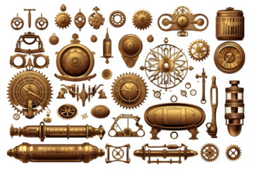 Steampunk design elements isolated on white background. Generative AI.