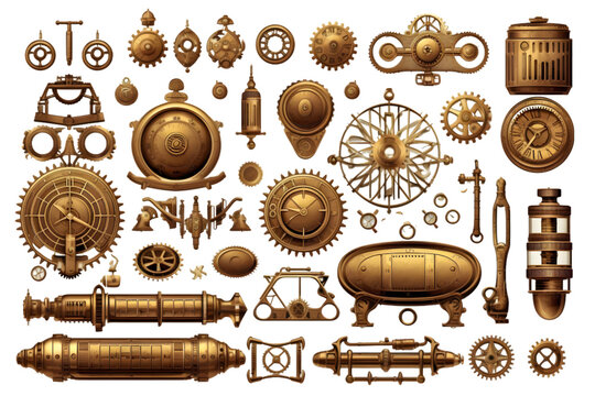 Steampunk design elements isolated on white background. Generative AI.