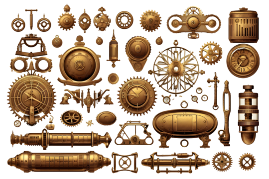 Steampunk design elements isolated on white background. Generative AI.