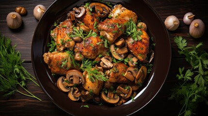 Top View of Coq au Vin with Mushrooms and Onions