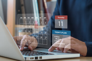 Time management concept.2024 Calendar event planner.Businessman manages time for Work planning increases efficiency.Highlight appointment reminders and meeting agendas. - obrazy, fototapety, plakaty