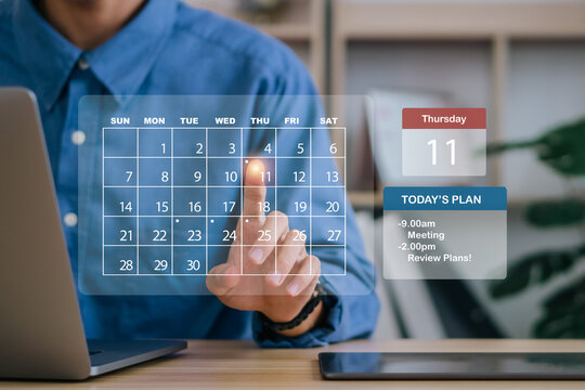 Time management concept.2024 Calendar event planner.Businessman manages time for Work planning increases efficiency.Highlight appointment reminders and meeting agendas.