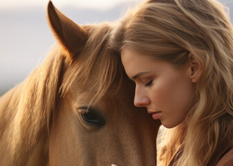 Close up photo of a blonde girl touching a horse in an open field. The horse, an emotional support animal, stands calmly, enjoying the care, background with copy space