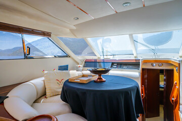 Luxury yacht interior comfortable cabin expensive wooden design for holiday recreation tourism or...