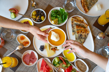 Traditional delicious Turkish breakfast, food concept photo.