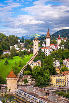 Lucerne, Switzerland at the medieval Musegg Wall and towers.