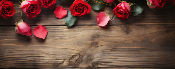 Happy Valentine's Day with red roses on rustic wooden background