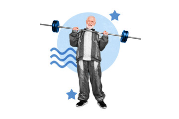Creative photo collage standing pensioner happy mature man smiling lifting weight dumbbell power...