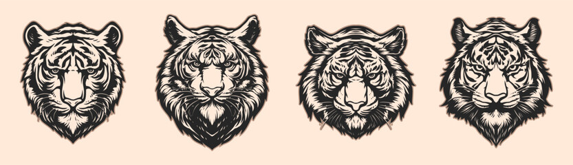 Vector set of tiger head illustration. For shirt and logo. Monochrome version