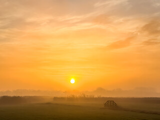 Bright orange sunrise at fields with light fog and a fence or gate in Holland - obrazy, fototapety, plakaty