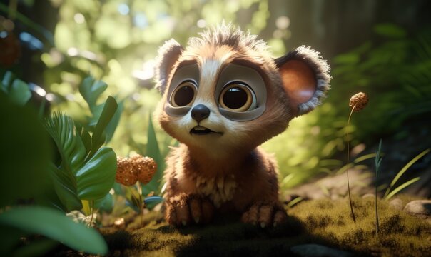 A cute furry mascotte animal in a wild jungle