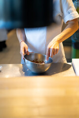 chef plating food in plate while working in commercial kitchen