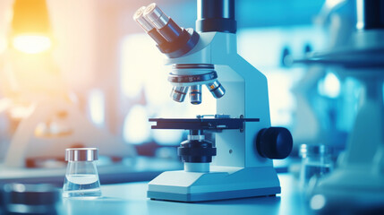 Close-up of microscope with metal lens at modern scientific laboratory backdrop. Medical research concept Generative AI