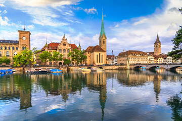 Naklejka na ściany i meble Zurich, Switzerland historic cityscape on the Limmat River