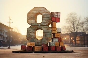 number eight made from gifts, three-dimensional, on a city street - obrazy, fototapety, plakaty