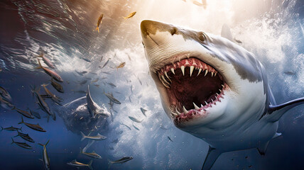 White shark, teeth visible, ocean depths.