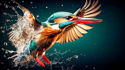 Underwater kingfisher, vibrant, wings spread, hunting.