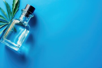 Close-up photo of cosmetic marijuana oil against a blue background, banner, copyspace - obrazy, fototapety, plakaty