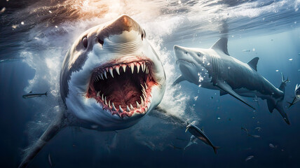 Obraz premium Fierce shark, open jaws, carnivorous predator.