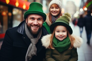 Smiling parents and their daughter, all in festive St. Patrick's outfits, shopping for holiday bargains at a mall