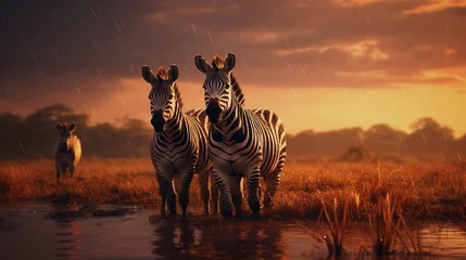 Poster Create an evocative AI-rendered image that showcases zebras in the African savanna during a rainy sunrise.  © Zestify