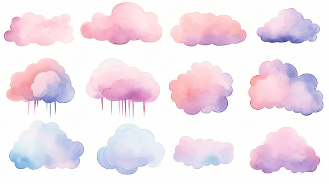 A set of watercolor painted clouds on a white background