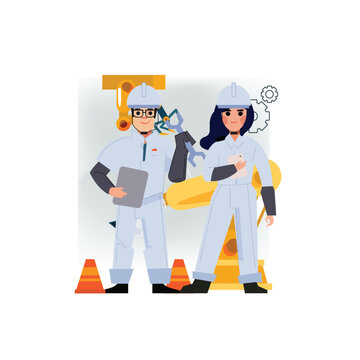 Machanician engineer male and female with robotarm in background - vector illustration 