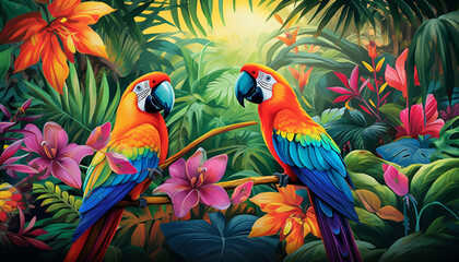 Illustrate a vibrant and exotic scene with colorful birds like toucans, parrots, and peacocks in a lush tropical setting