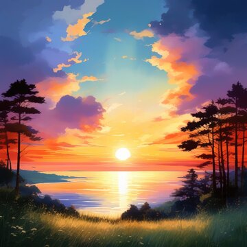 Sunset painting with the landscape, the scene with tree and sunset painting, Generative Ai
