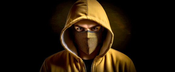 Portrait of an anonymous masked man under hoodie looking at camera, on a dark background with copy space. Generative Ai.