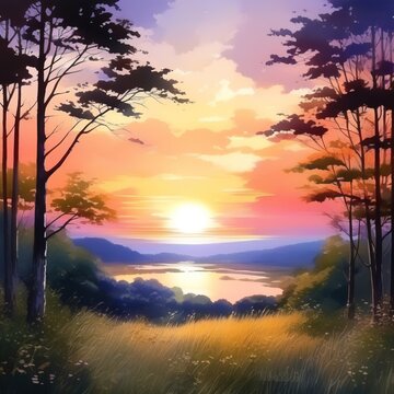 Sunset painting with the landscape, the scene with tree and sunset painting, Generative Ai
