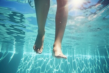 Young woman legs undewater in the swimming pool