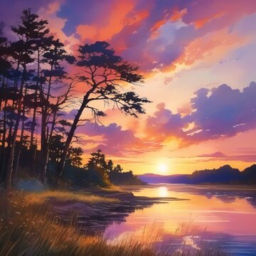 Sunset painting with the landscape, the scene with tree and sunset painting, Generative Ai
