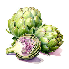 Fototapeta premium Halph artichoke composition, watercolor illustration, violet and green colors, Generative AI