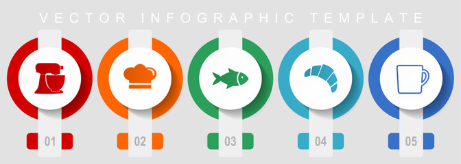 Cooking flat design icon set, miscellaneous icons such as mixer, chef hat, fish, cake and cup, vector infographic template, web buttons collection