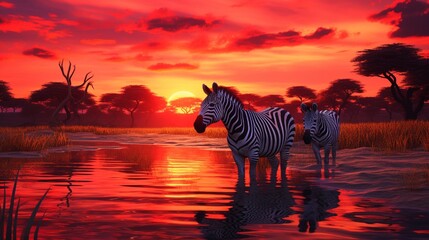 Fototapeta na wymiar Create an evocative AI-rendered image that showcases zebras in the African savanna, their black and white stripes contrasting with the vivid colors of a stunning sunset.