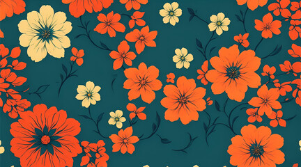 Seamless pattern of orange and yellow flowers on a teal background