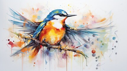  a songbird, its melodious tunes brought to life through vibrant brushstrokes on a white surface, conveying the joyous spirit of avian music.