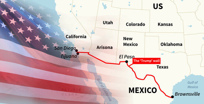 Concept of the migration problem on the US-Mexico border. Background for news. 3d illustration