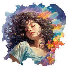 Woman sleeping on rainbow, vintage watercolor style, transparent background