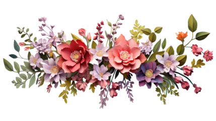 Flowers composition. Wreath made of various colorful flowers on transparent background. Easter, spring, summer concept