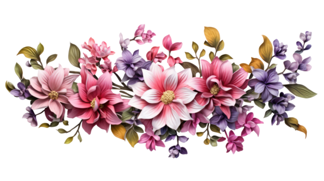 Flowers composition. Wreath made of various colorful flowers on transparent background. Easter, spring, summer concept