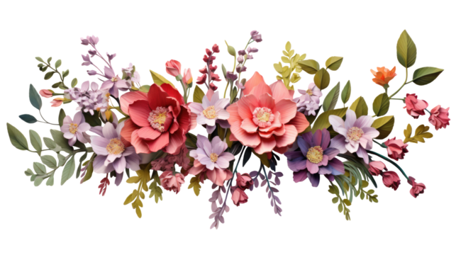 Flowers composition. Wreath made of various colorful flowers on transparent background. Easter, spring, summer concept