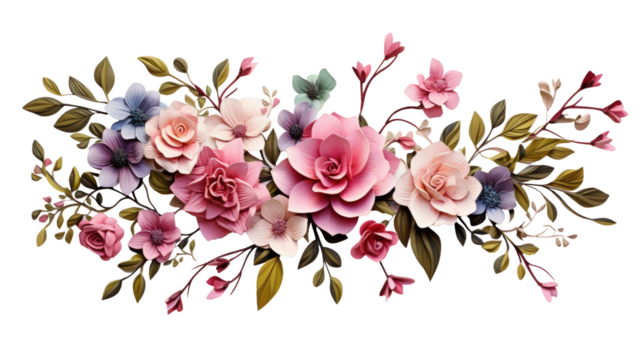 Flowers composition. Wreath made of various colorful flowers on transparent background. Easter, spring, summer concept