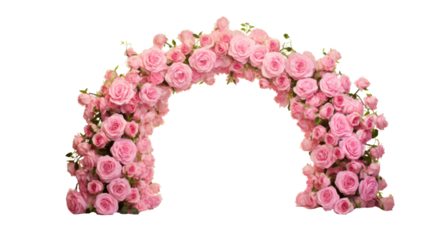 Pink rose flowers and leaves in a arch composition isolated on transparent background