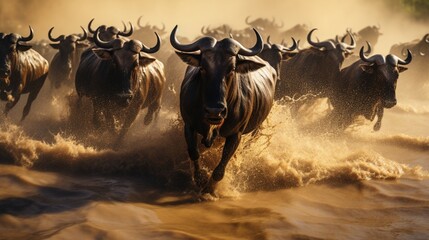 Create a vivid and immersive portrayal of the Great Migration, with wildebeests crossing the Mara River in Maasai Mara National Park.  - obrazy, fototapety, plakaty