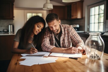 An interracial couple collaboratively planning their budget and managing home finances together in the comfort of their cozy home. - obrazy, fototapety, plakaty